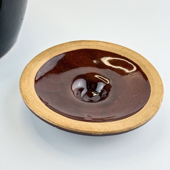 Vintage BROWN GLAZED BEAN POT WITH LID HANDLES USA Primitive Farmhouse Decor - Picture 10 of 16